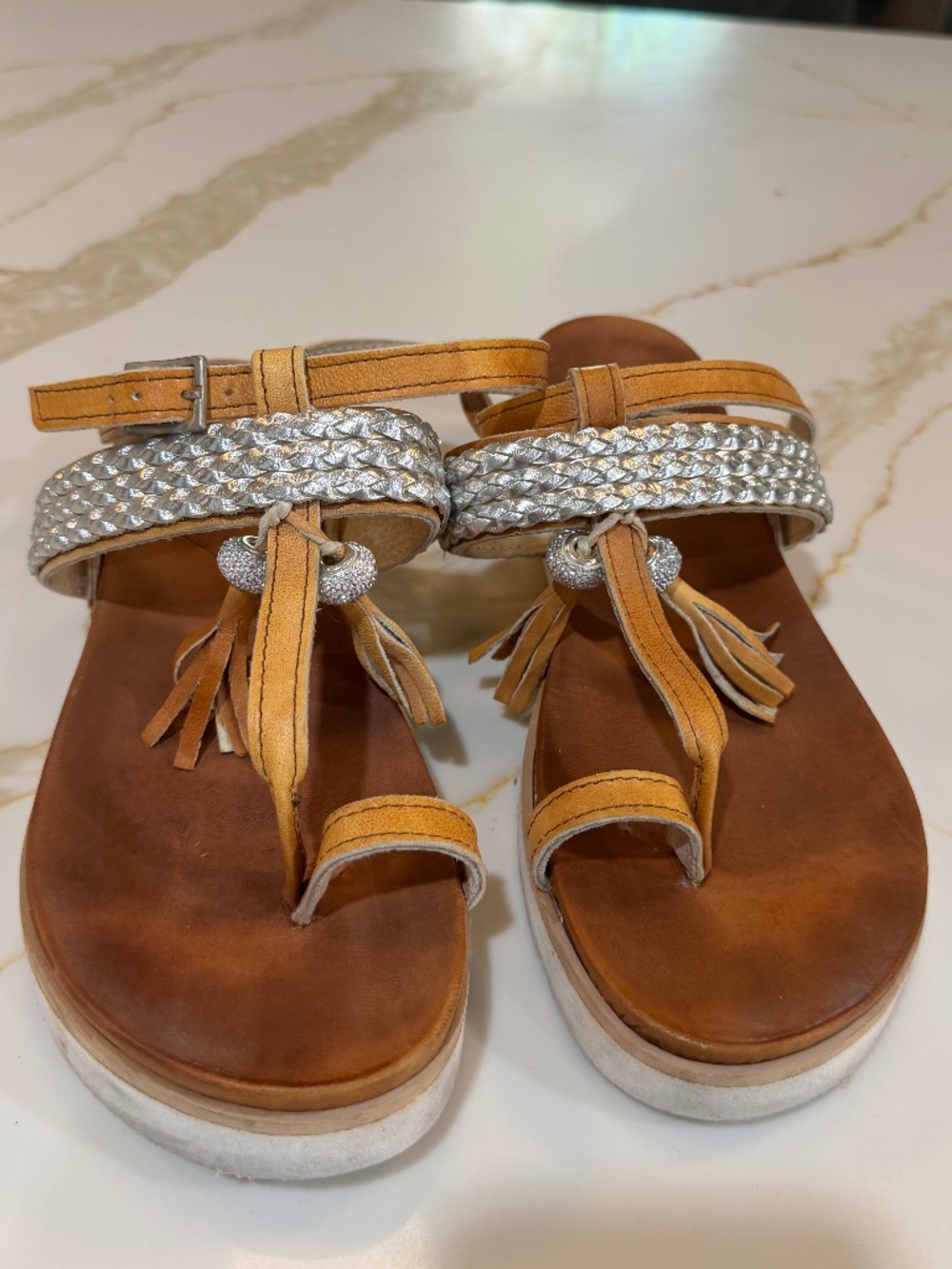 Brown Leather Sandal with Silver Braid and Tassel Detail